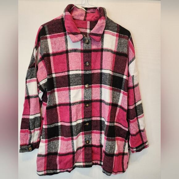 New Pink Black Check Shacket Jacket Plaid Button Down Heavy Weight Size L - Picture 6 of 7